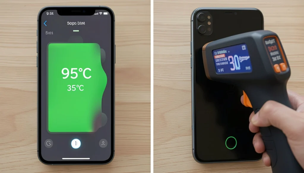 Checking phone battery temperature using a temperature app and infrared thermometer