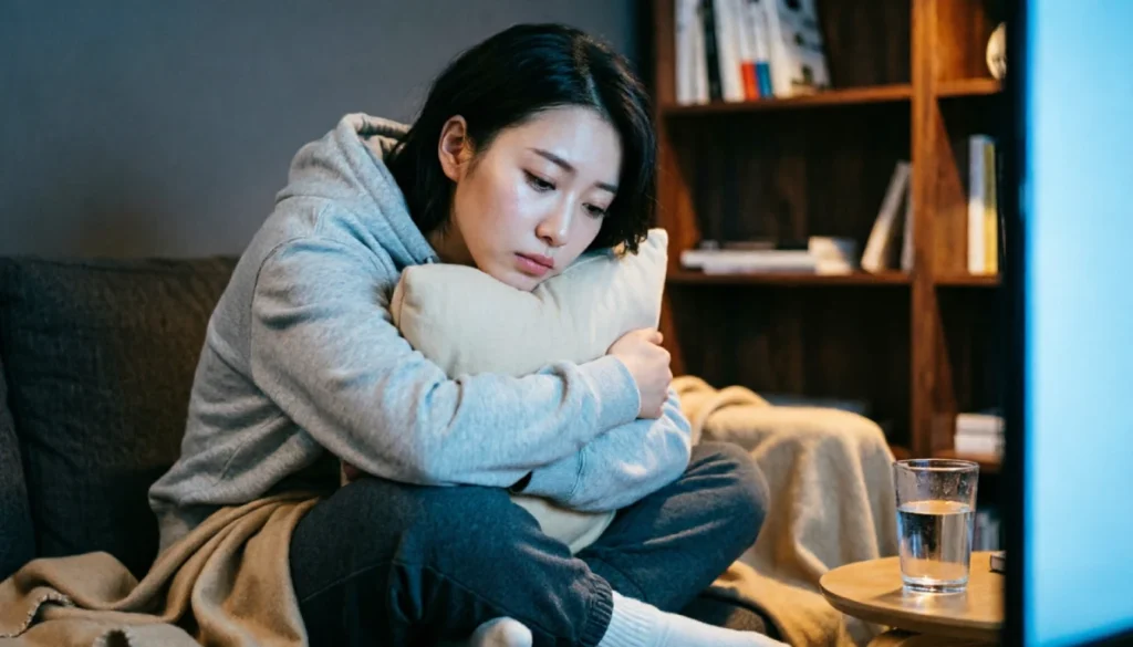 Person watching an emotional movie alone, experiencing cinema therapy at home