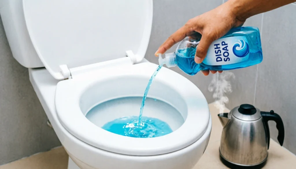 Squeezing dish soap into a toilet bowl as a lubricant to clear a clog.
