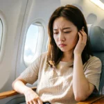 Woman pressing her hand against her ear during a flight due to ear pain