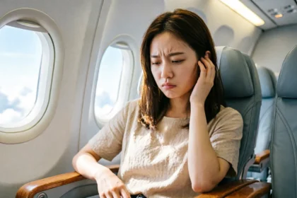 Woman pressing her hand against her ear during a flight due to ear pain