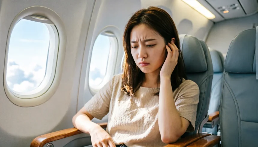 Woman pressing her hand against her ear during a flight due to ear pain