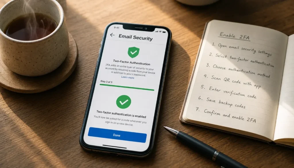 Smartphone showing email security settings with two-factor authentication enabled next to handwritten recovery steps