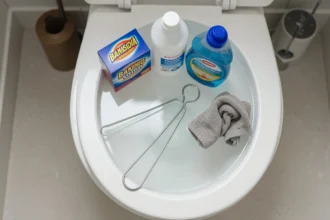 Household items including baking soda, vinegar, dish soap, hot water, and a wire hanger placed beside a toilet for emergency unclogging methods without a plunger.