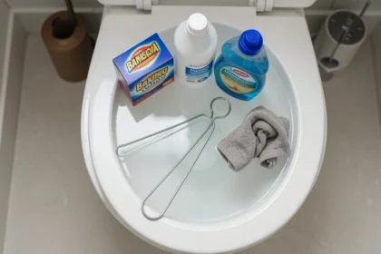 Household items including baking soda, vinegar, dish soap, hot water, and a wire hanger placed beside a toilet for emergency unclogging methods without a plunger.