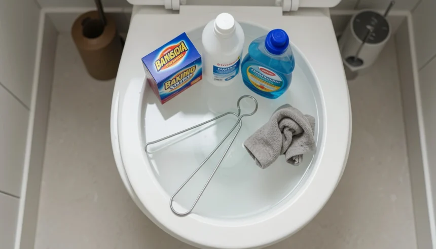 Household items including baking soda, vinegar, dish soap, hot water, and a wire hanger placed beside a toilet for emergency unclogging methods without a plunger.