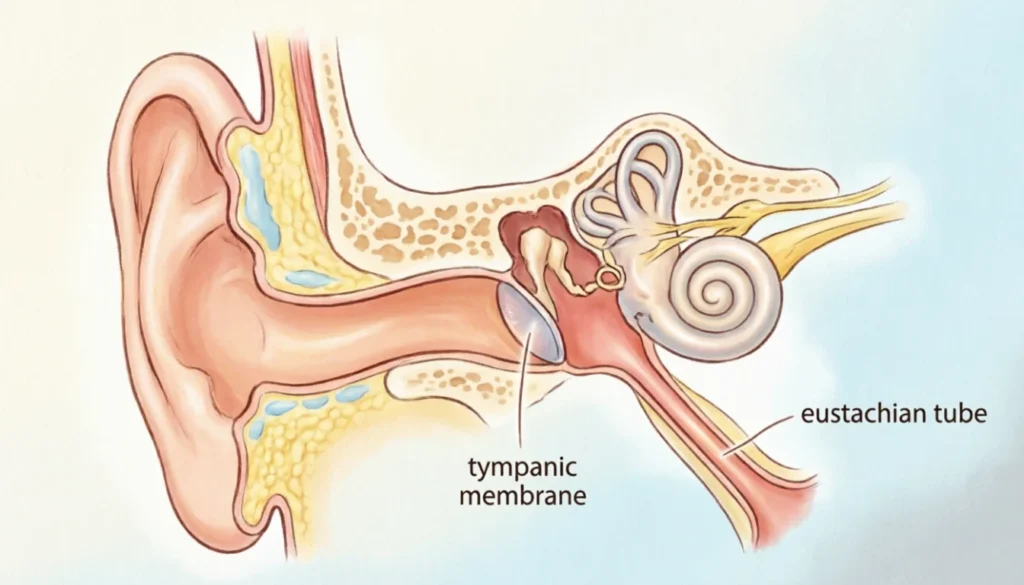 Cross-section diagram of the human ear showing the eustachian tube and eardrum