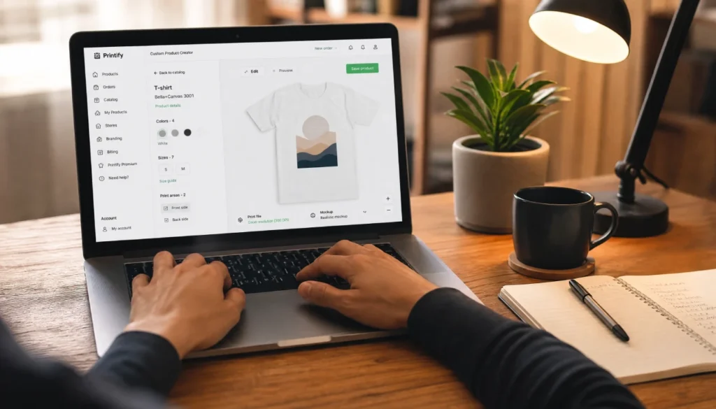 Person designing a print‑on‑demand t‑shirt on a laptop without showing their face