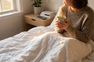 Person sitting on bed in pajamas holding a warm mug with soft morning sunlight and a phone showing 7:00 AM on the nightstand