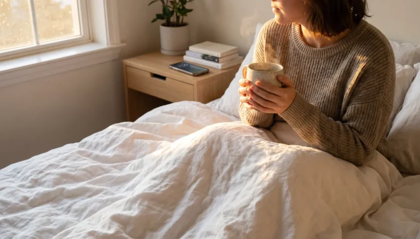 Person sitting on bed in pajamas holding a warm mug with soft morning sunlight and a phone showing 7:00 AM on the nightstand