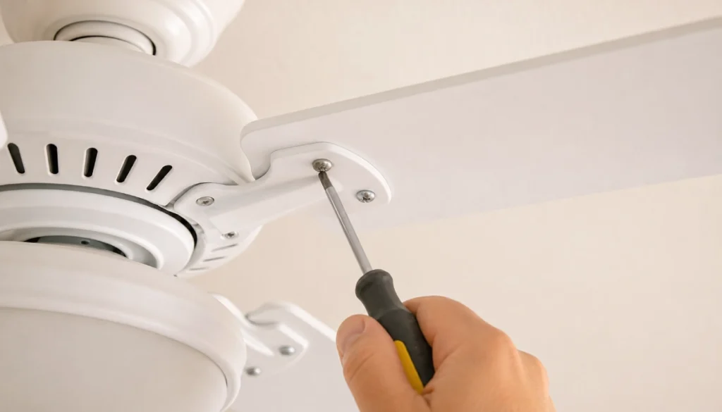 Person tightening a ceiling fan blade screw with a screwdriver to fix wobbling