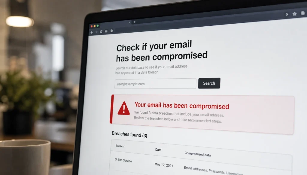Browser screen showing a free data breach email checker with a red warning result