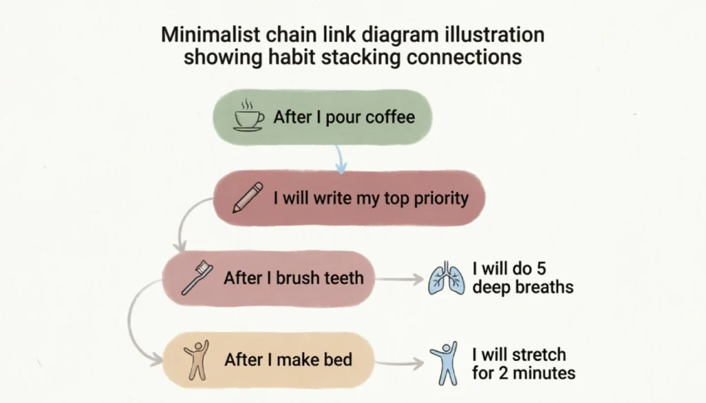 Habit stacking chain diagram with coffee, brushing teeth, and deep breathing habits