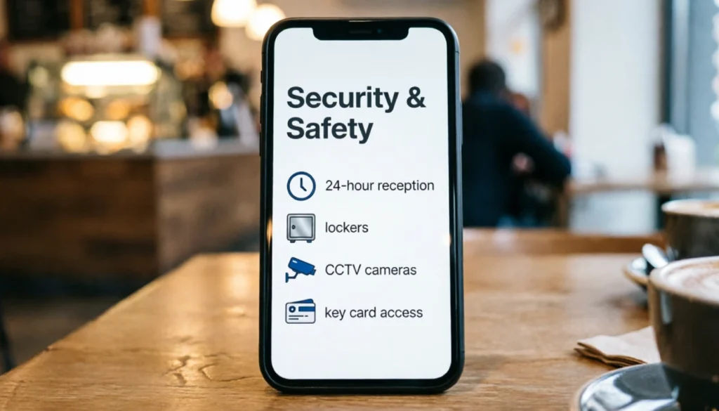 Hostel booking page on a phone highlighting security features like lockers and 24-hour reception.