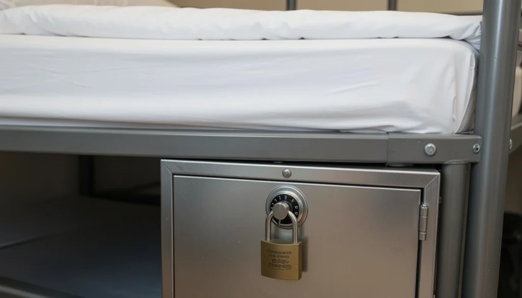 A padlock on a hostel locker in a tidy dorm room showing a simple safety step for first-timers.