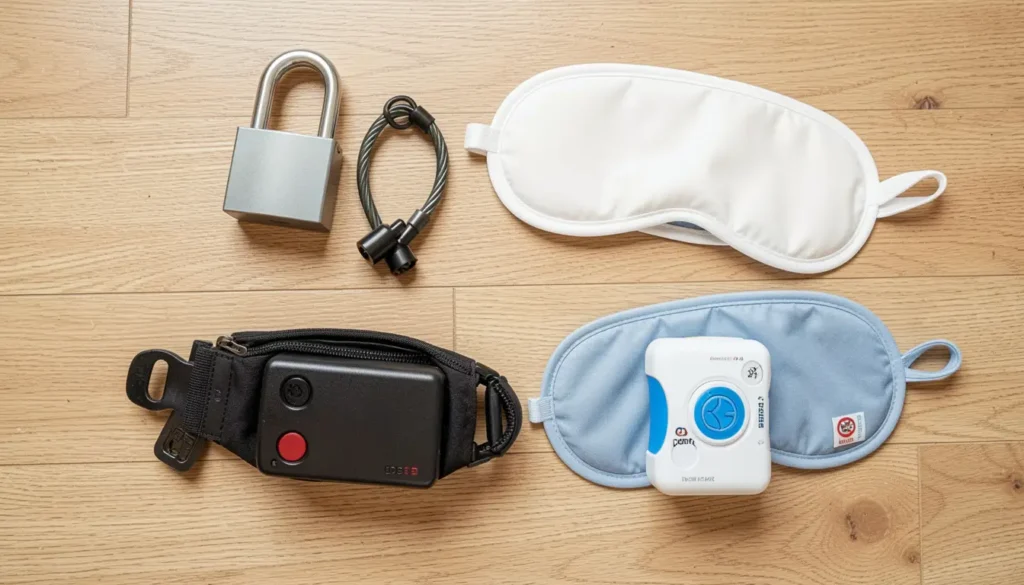 Hostel safety kit essentials including padlock, cable lock, money belt, earplugs, and door stop alarm laid out on a floor.