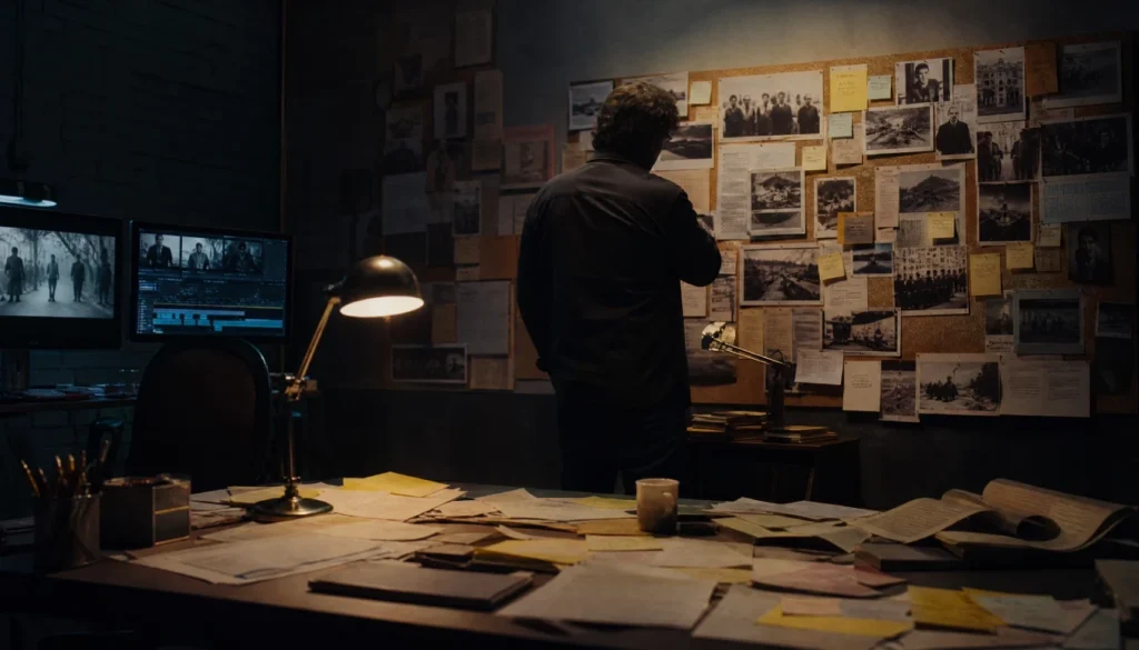 A film director or writer studying archival photos and newspaper clippings pinned to a corkboard in a dim editing room