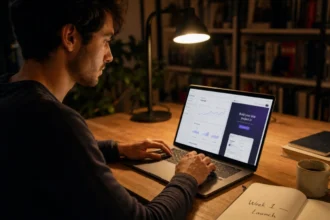 Young founder building a minimum viable product on a laptop late at night with a notebook and coffee on the desk