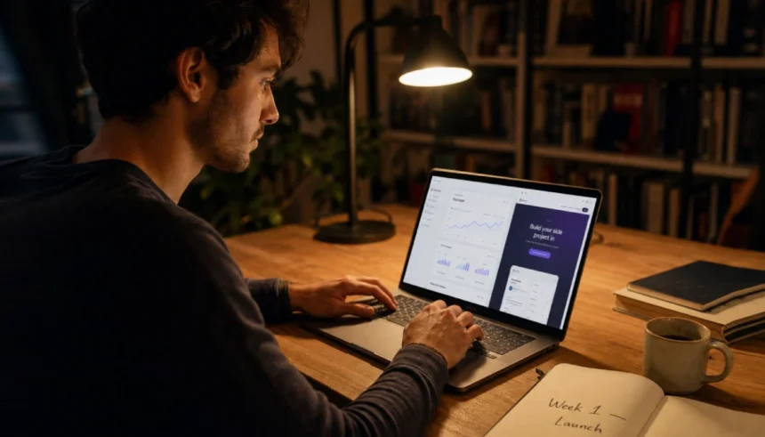Young founder building a minimum viable product on a laptop late at night with a notebook and coffee on the desk