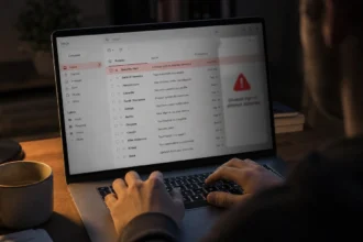 Person typing on a laptop checking their email inbox for signs of a security breach