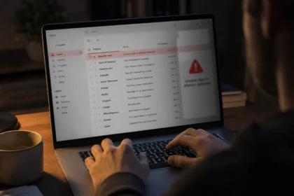 Person typing on a laptop checking their email inbox for signs of a security breach