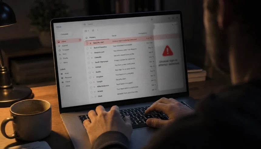 Person typing on a laptop checking their email inbox for signs of a security breach