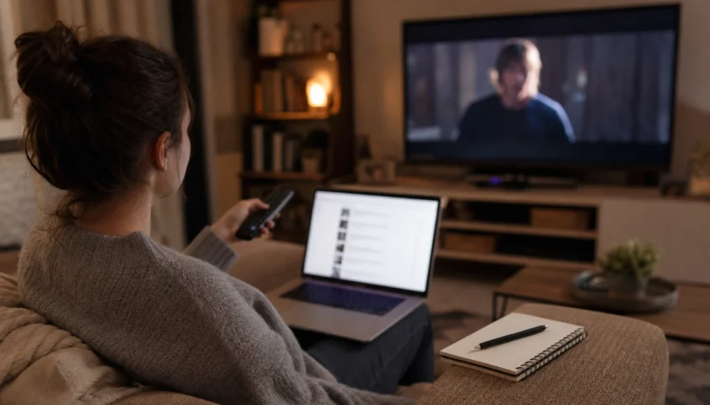 A person pausing a movie on their TV and searching for fact-checks on a laptop while sitting on the couch