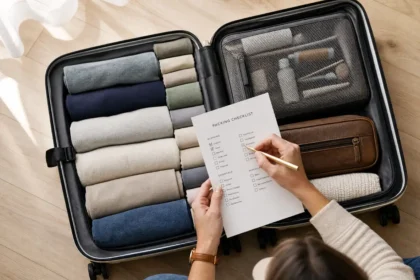 Overhead shot of an open carry-on suitcase packed with rolled clothes, packing cubes, a toiletry bag, and a checklist with a pen.