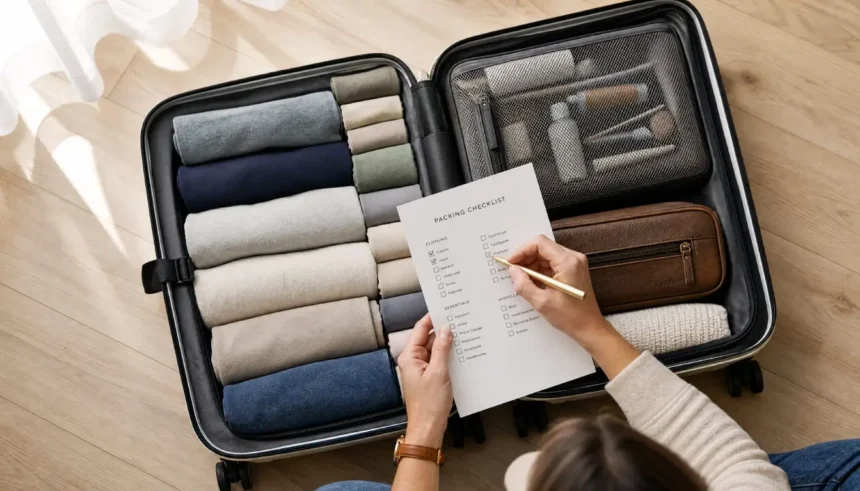 Overhead shot of an open carry-on suitcase packed with rolled clothes, packing cubes, a toiletry bag, and a checklist with a pen.