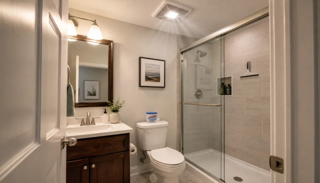 Clean bathroom with exhaust fan running, open door, and moisture absorber on toilet tank to prevent ceiling mold