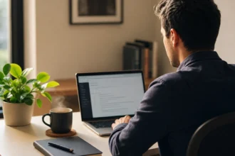 Introvert working quietly at a clean desk with laptop, tea, and soft natural light