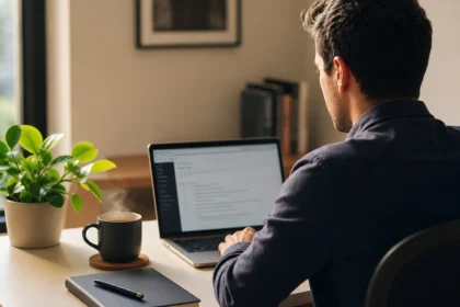 Introvert working quietly at a clean desk with laptop, tea, and soft natural light