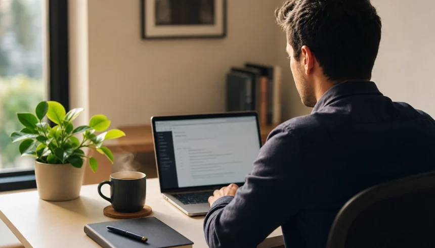 Introvert working quietly at a clean desk with laptop, tea, and soft natural light