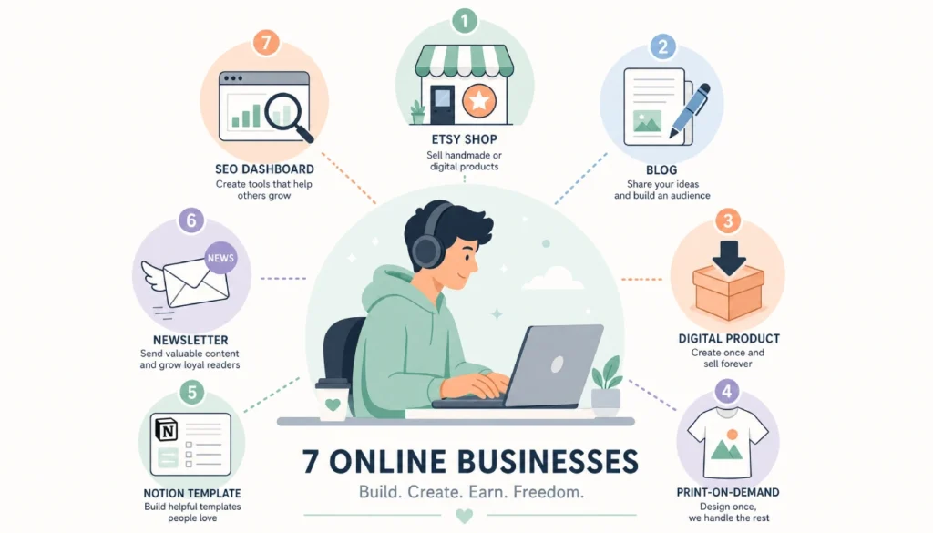 Icons of seven low competition online business ideas for introverts, including digital products and blogging