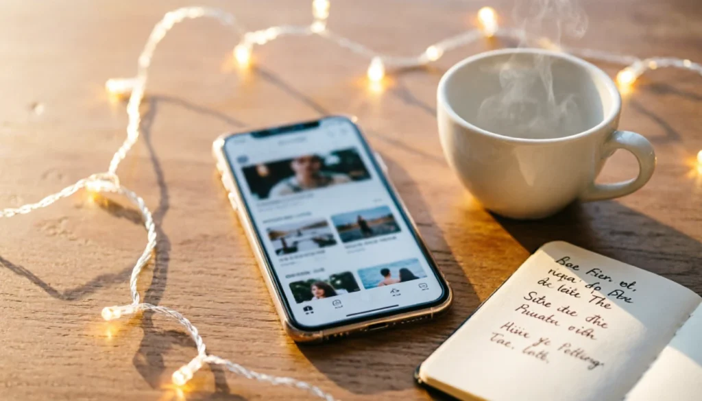 Smartphone on a desk next to a notebook showing mood-based movie app browsing
