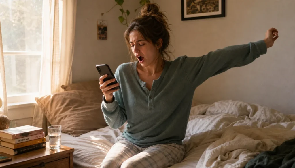 Woman feeling groggy and yawning in bed despite a full night’s sleep, checking her phone