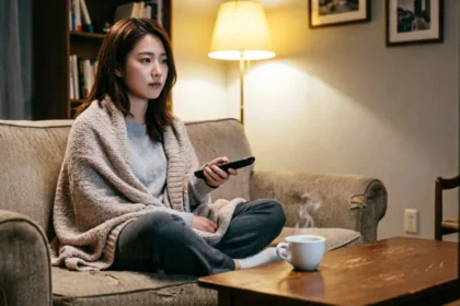 Woman sitting on a couch choosing a movie to watch based on her mood