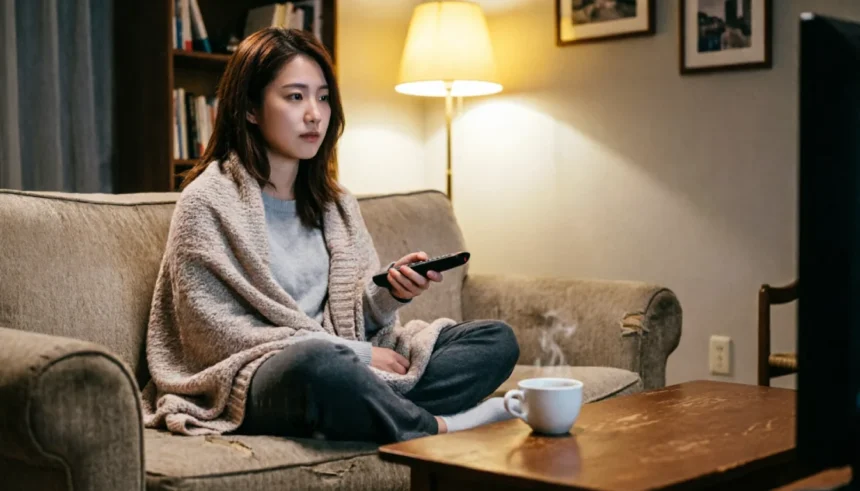 Woman sitting on a couch choosing a movie to watch based on her mood