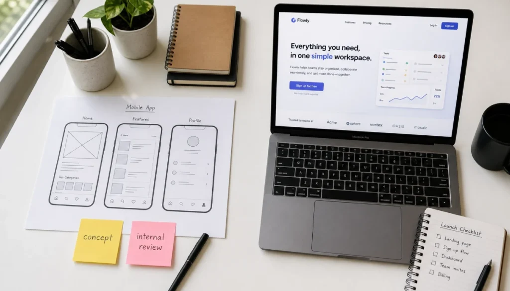Side-by-side comparison of a product prototype wireframe printout and a live MVP landing page on a laptop