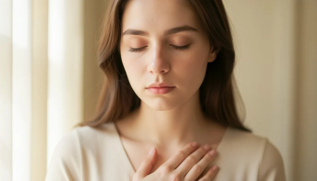 Woman pausing to check in with her feelings before picking a movie