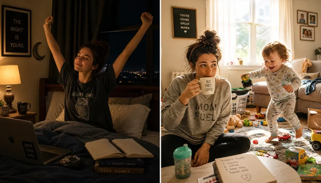 Split comparison of a night owl’s gentle morning and a busy mom’s real morning routine