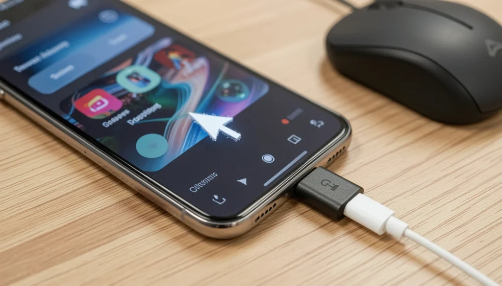 OTG mouse connected to a frozen Android phone to bypass unresponsive touch screen.