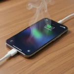 Smartphone overheating while charging with heat waves rising from the device