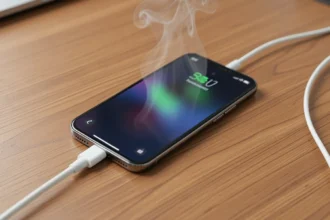 Smartphone overheating while charging with heat waves rising from the device