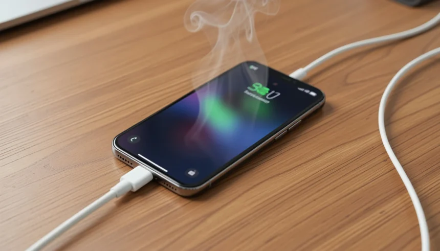 Smartphone overheating while charging with heat waves rising from the device