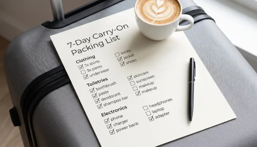 Preview of the free printable 7‑day carry‑on packing checklist.