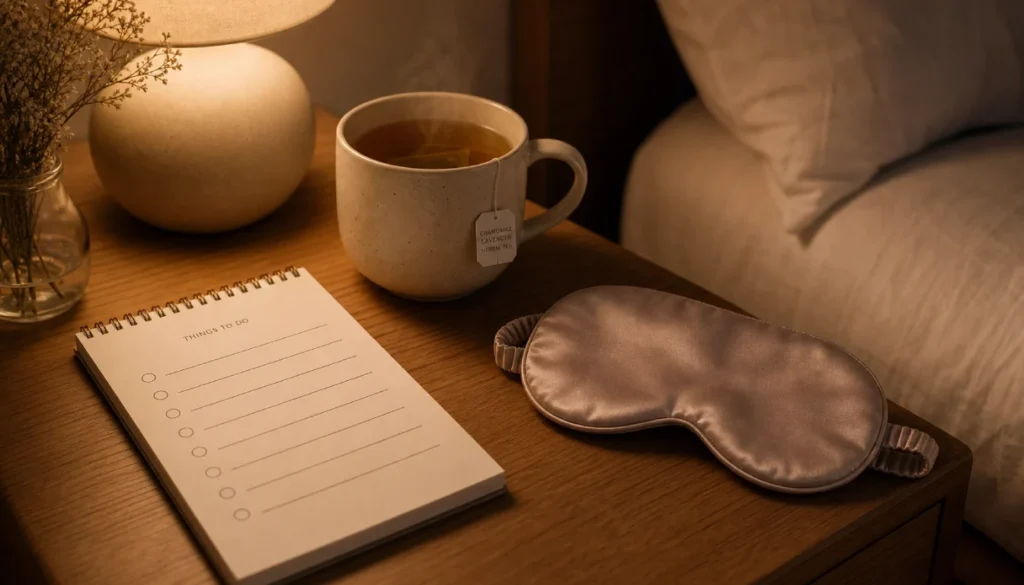 Checklist for a better morning routine to reduce waking up tired, next to tea and a sleep mask