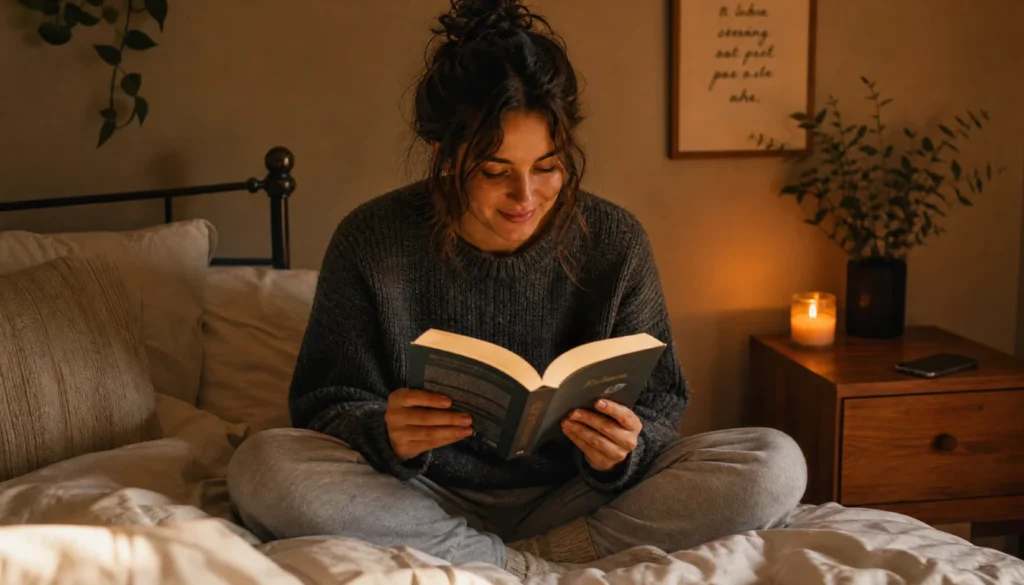 Person reading a book with phone face down, doing a short social media detox to avoid movie spoilers