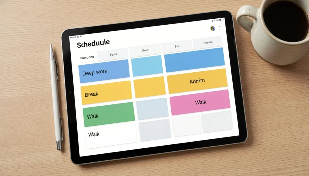 Color-coded time blocking schedule for remote workers to beat procrastination.
