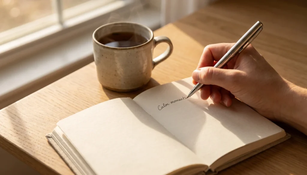 Person writing one sentence in a morning journal as a tiny anchor habit